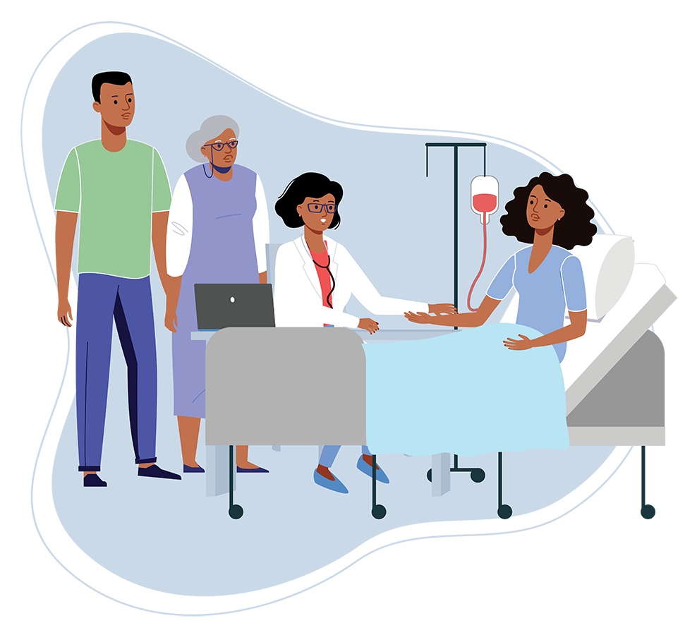 Patient in hospital bed with visitors and doctor nearby